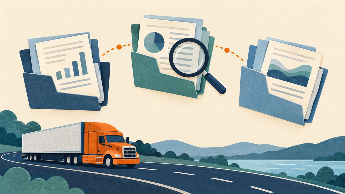 An orange semi truck travels along a curved road beneath three folders of abstract reports, joined by an orange dotted line, with a magnifying glass over the center folder.