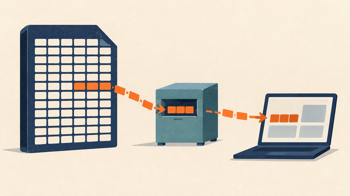 A large tiled file slab sends a small group of orange blocks through a teal cache cabinet toward a laptop displaying abstract blocks.