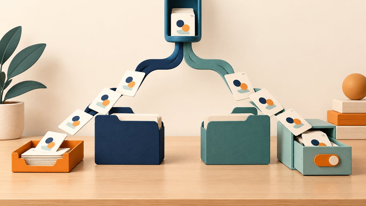 Matching abstract request cards follow two branching tracks past navy and teal folders into an orange tray and a teal archive drawer with an orange toggle.
