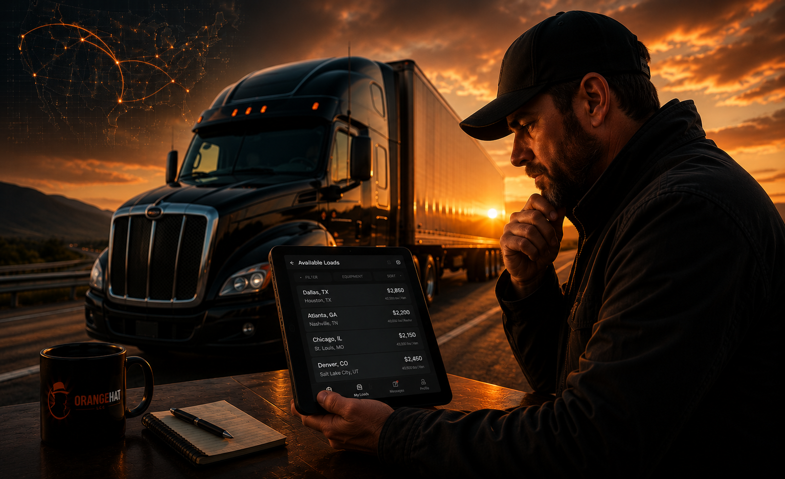 OrangeHat dispatch semi truck on the road