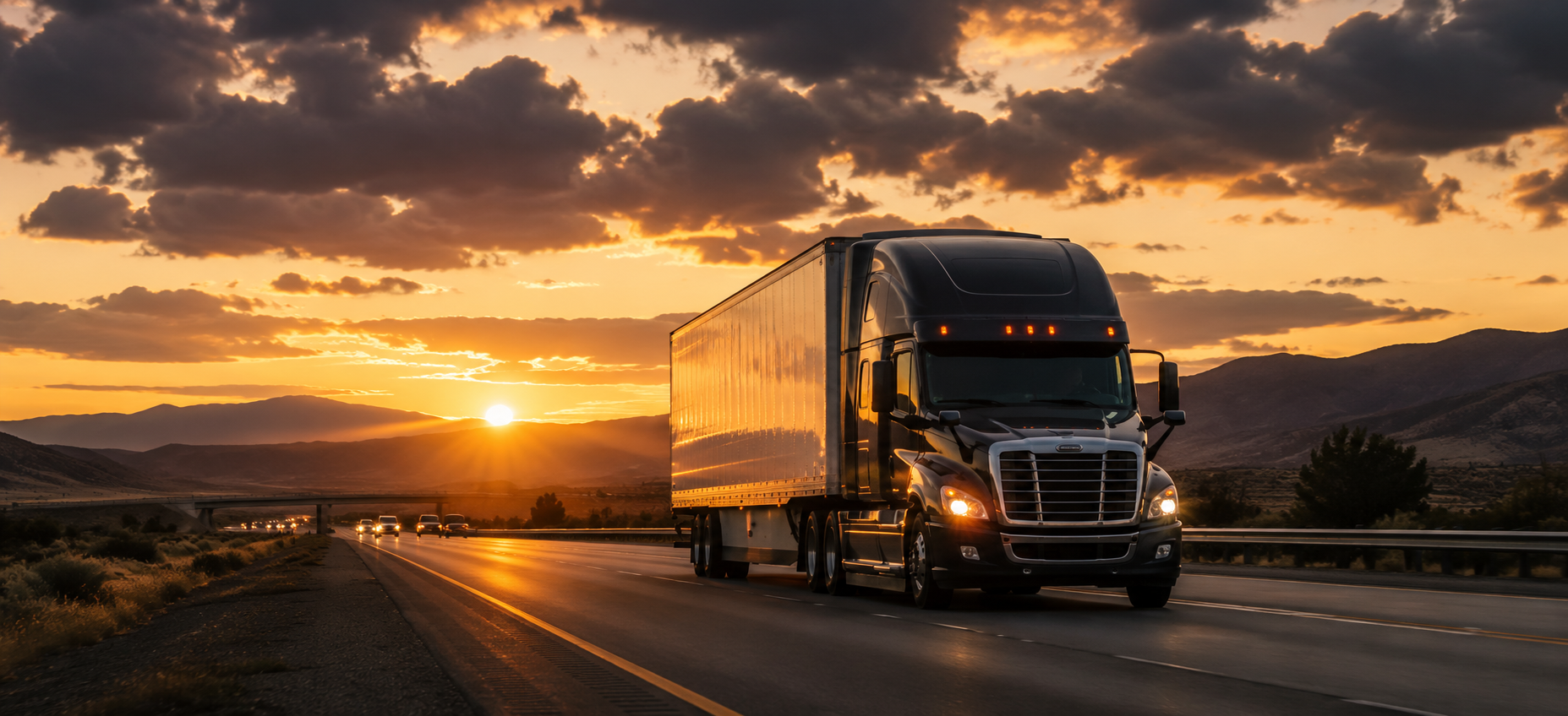 Semi truck on an open highway at sunset symbolizing scalable dispatch operations